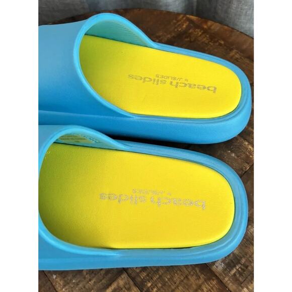 NIB J Slides SQUISH Turquoise /Yellow EVA Beach Slides. Brand New! Size 7 - Picture 7 of 13